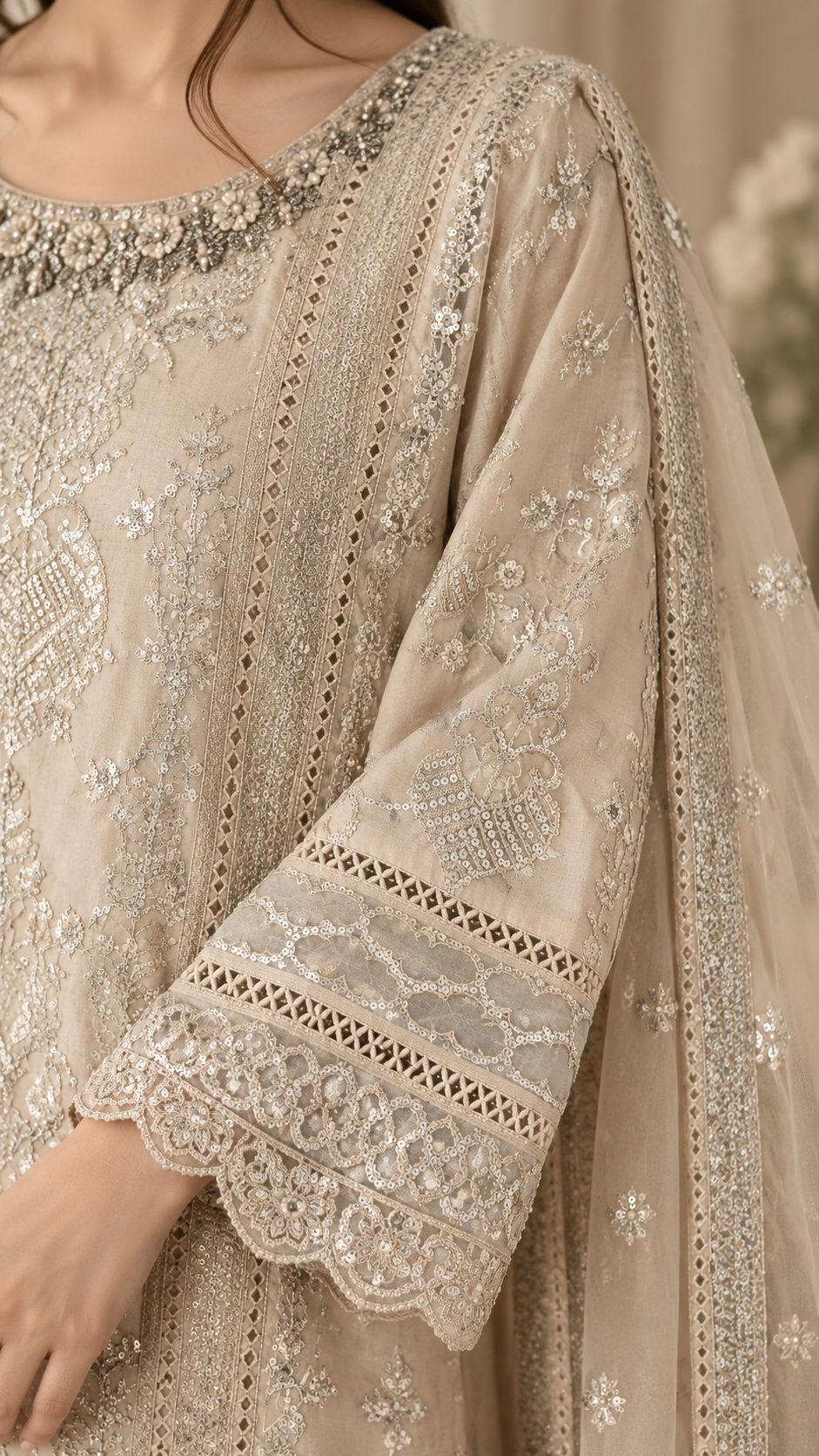 Ivory Embroidered Chiffon 3-Piece Suit