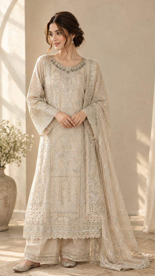 Ivory Embroidered Chiffon 3-Piece Suit