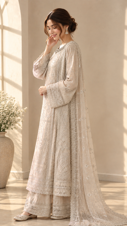 Ivory Embroidered Chiffon 3-Piece Suit