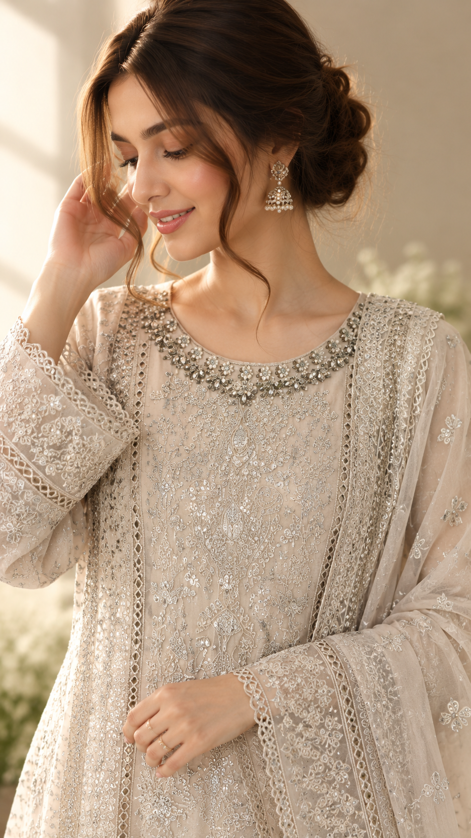Ivory Embroidered Chiffon 3-Piece Suit