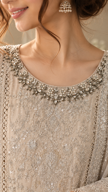 Ivory Embroidered Chiffon 3-Piece Suit